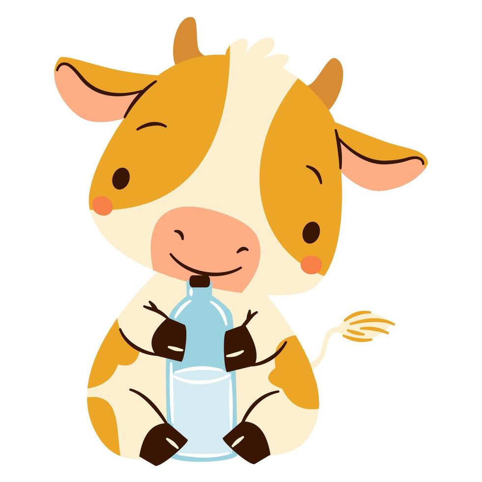Flat illustration in a simple children's style. Cute calf sitting with a bottle of milk vector