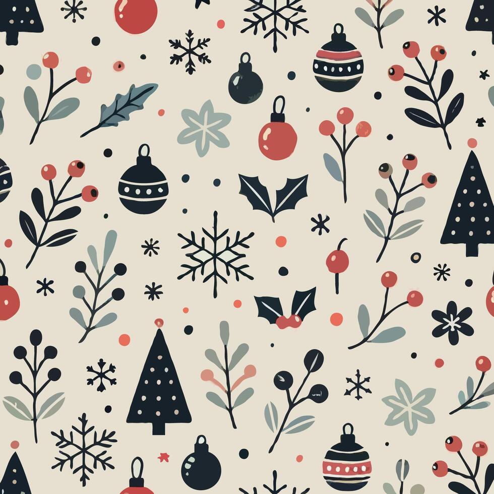 Christmas pattern with snowflakes, berries and holly vector
