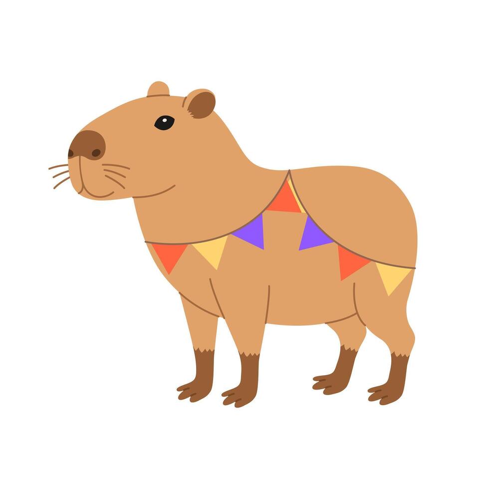 Funny festive capybara stands in garland. Cute capibara with flags for holiday greeting card, invitation, banner. Birthday character. Flat illustration isolated on white background vector