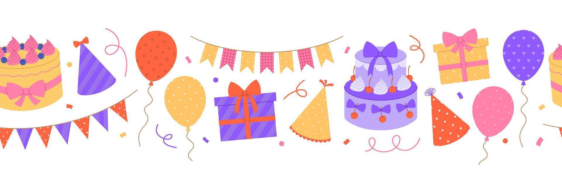 Horizontal border made from party hats, balloons, garlands, gifts, cakes and confetti. Birthday, anniversary repeating template. Holiday background. Flat illustration for banner, packaging vector