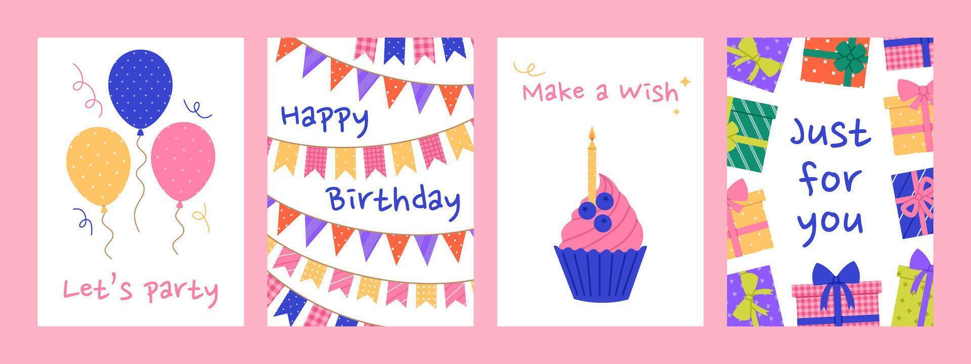 Happy Birthday vertical greeting cards set with balloons, garlands, cupcake and gift boxes. Holiday banner, flyer, invitation templates on white background. Flat illustration vector