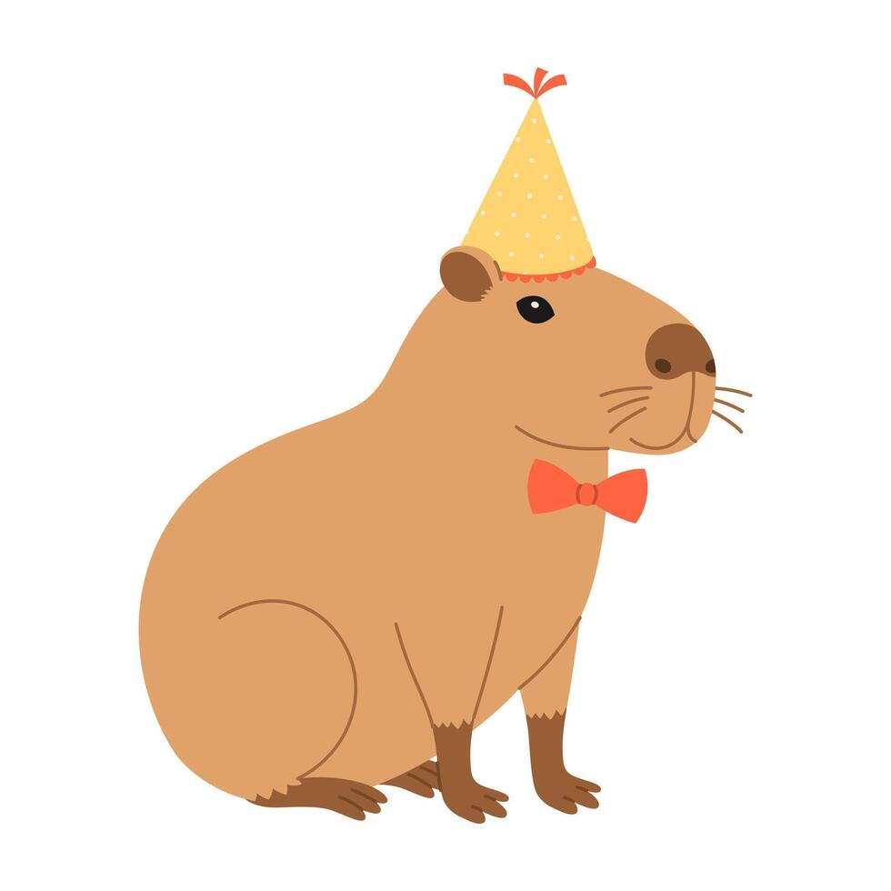 Funny festive capybara sits in party hat and bow tie. Cute capibara for holiday greeting card, invitation, banner. Birthday character. Flat illustration isolated on white background vector