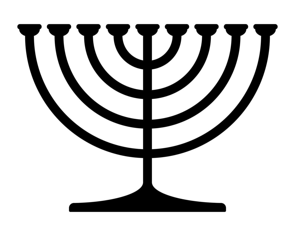 Hanukkah menorah, black and white silhouette illustration of hanukkiah nine-branched candelabrum shape, isolated on white background vector