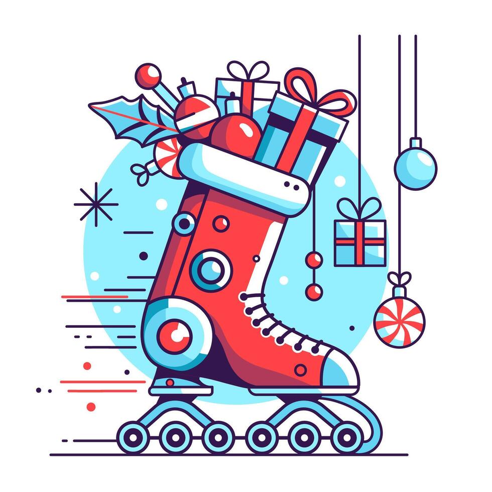 Roller skates in the form of a Christmas stocking filled with gifts and decorated with futuristic balls. vector