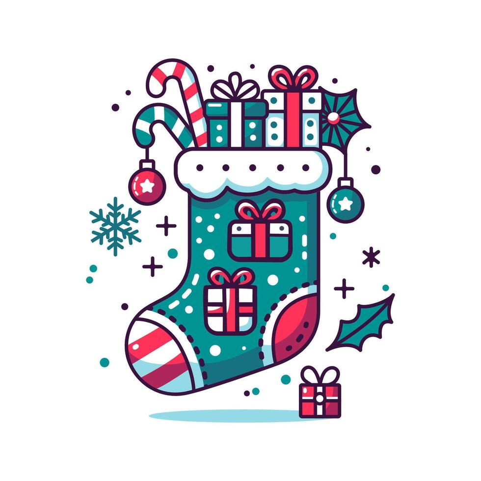 Christmas stocking with gifts, sweets and toys in minimalist style and on white background. vector