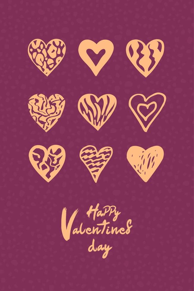 Minimalist Valentine's card design. Gold hearts drawn by hand on a textured purple background. vector