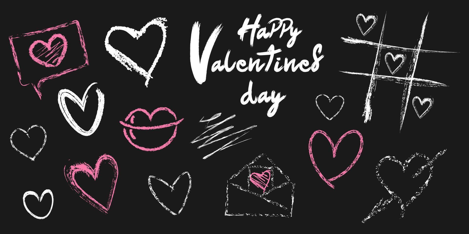 A set of chalk painted Valentine's Day elements. Hearts, lips, speech bubble, envelope, congratulatory text vector