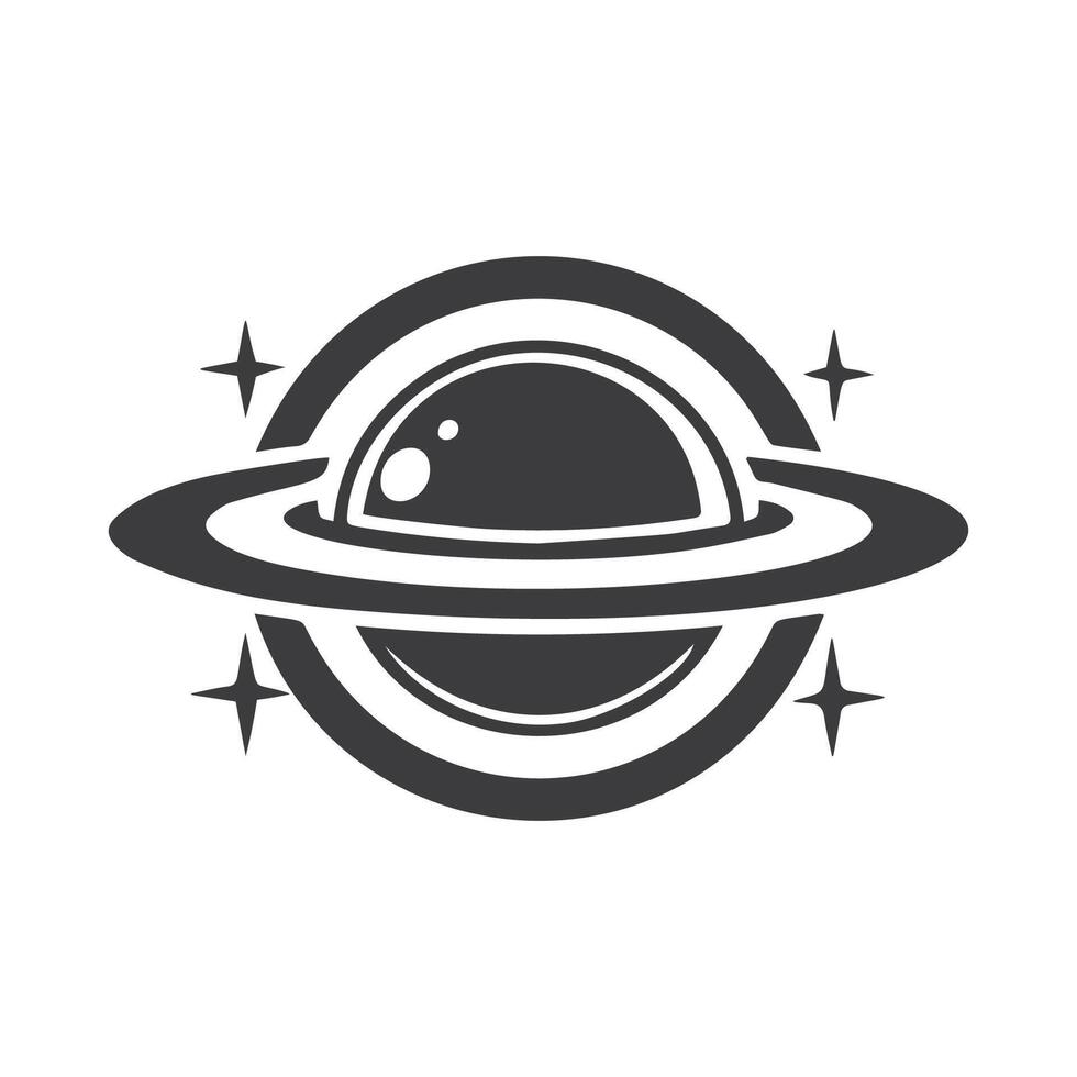 Black and White Saturn Planet Icon with Rings and Stars vector