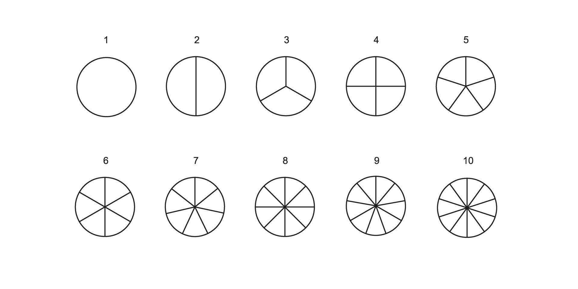 Circle divides into parts from 1 to 10. Donut or pie chart templates. Round shapes cut in equal slices. Set of wheel diagrams with sectors. outline illustration vector