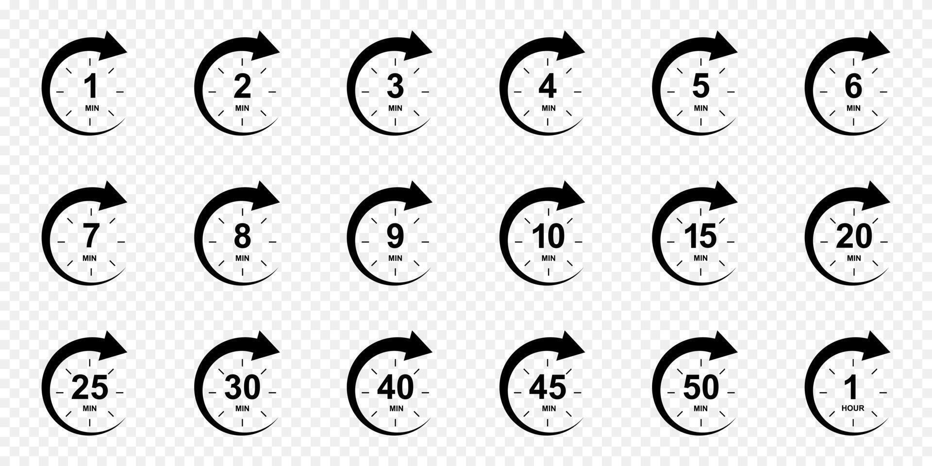 Set of minutes icons with circle arrows. Stopwatch symbols. 1, 2, 3, 4, 5, 6, 7, 8, 9, 10, 15, 20, 25, 30, 40, 45, 50 min and 1 hour sport or cooking timer signs vector