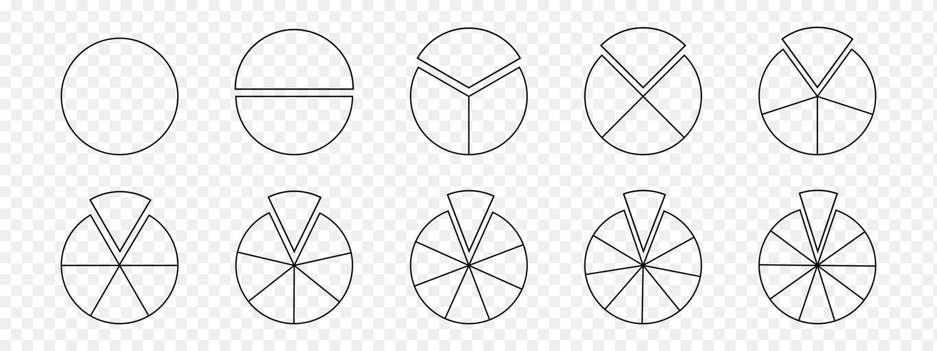 Set of donut or pie charts with separated fragments. Circle divides on equal parts from 1 to 10. Round shapes cut in slices vector