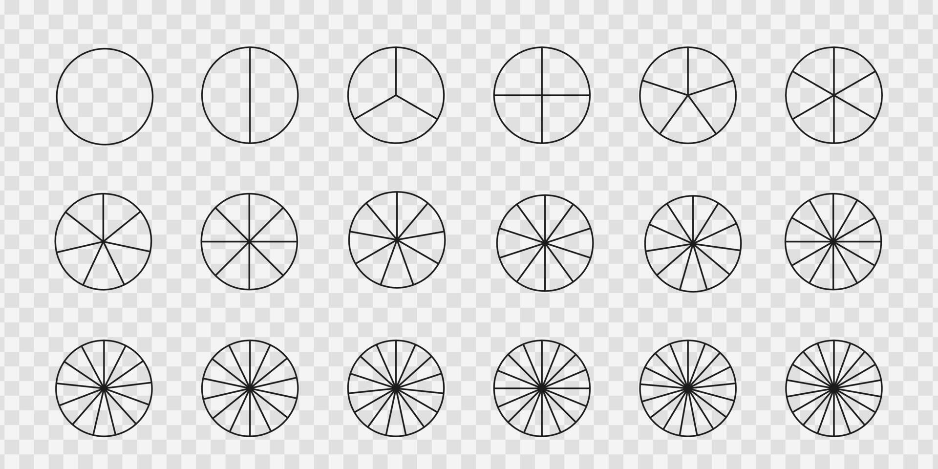 Simple donut or pie chart templates. Circles divides into equal parts from 1 to 18. Round shapes cut in slices. Set of graphic wheel diagrams with sectors. vector