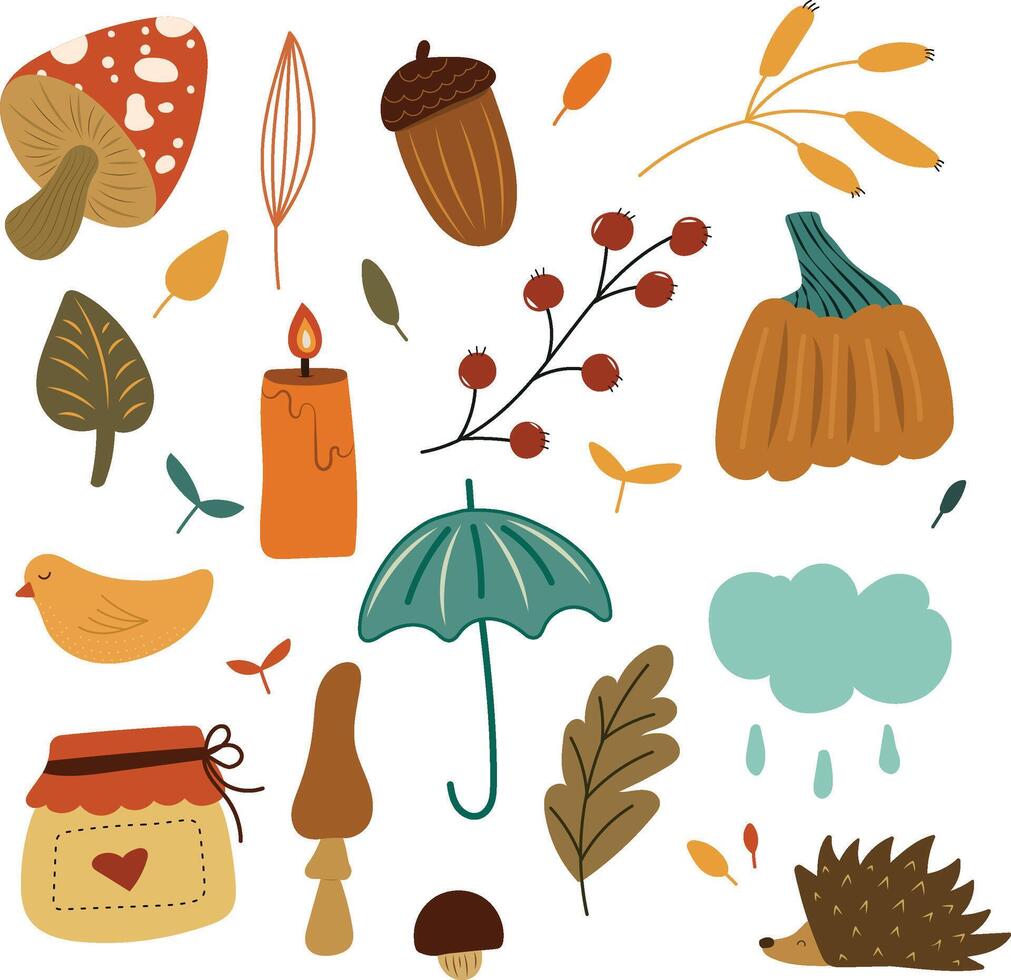 Cozy autumn set with mushrooms and leafs vector