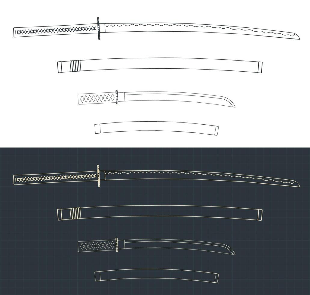 Traditional Japanese swords blueprints vector