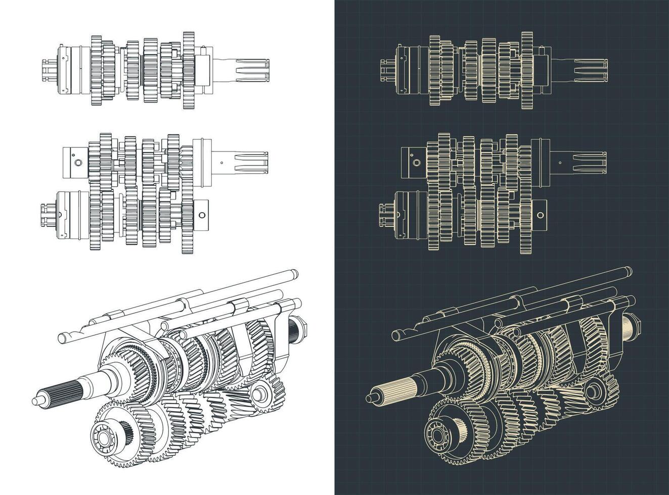 Gearbox mechanisms blueprints vector