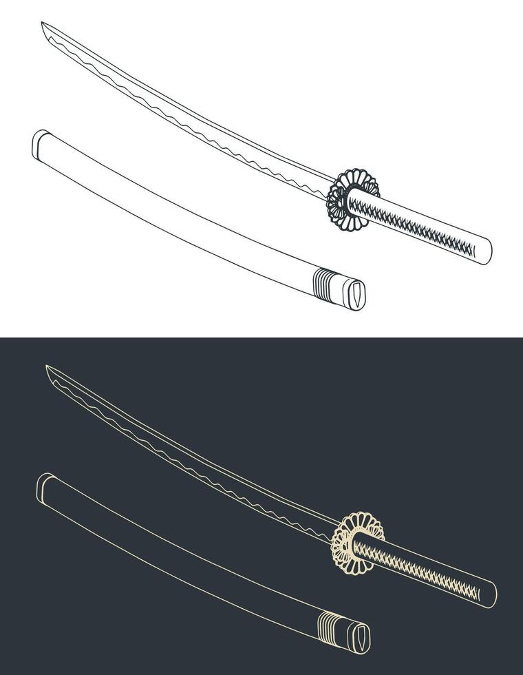 Japanese katana sword sketches vector