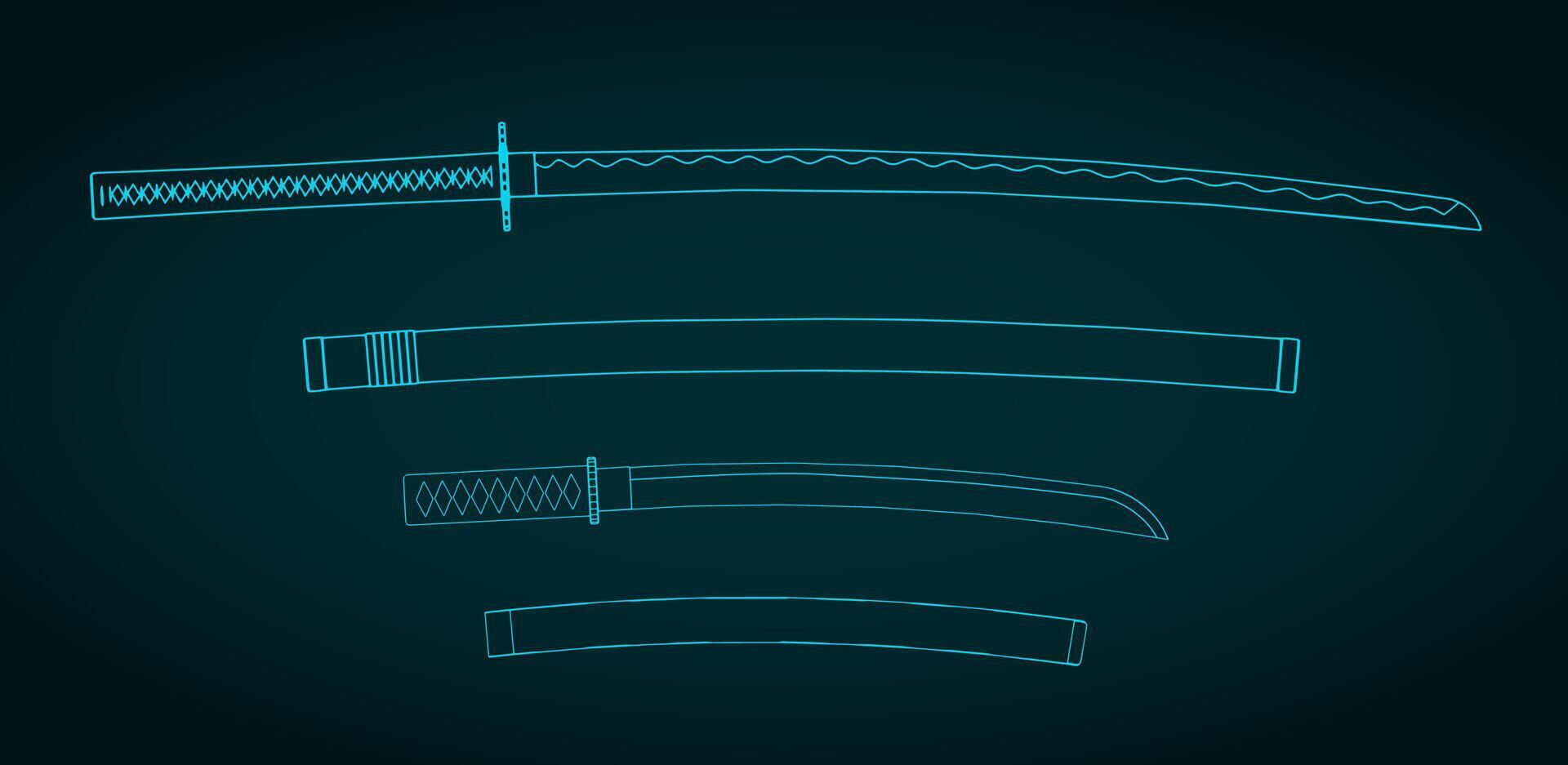 Japanese swords blueprints illustration vector