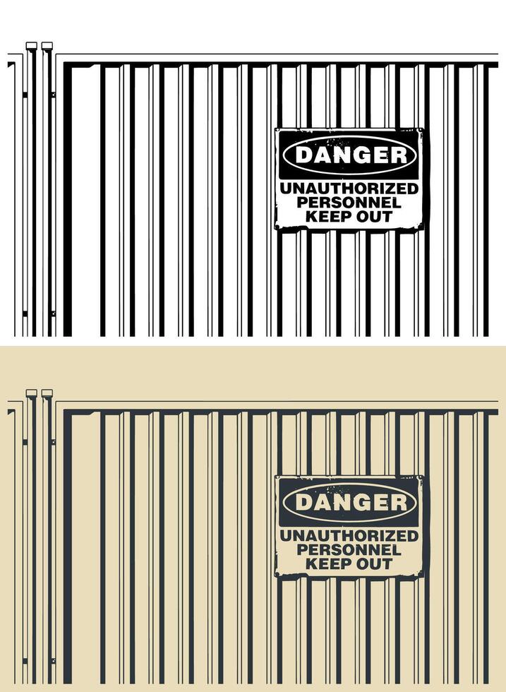 Metal fence with a warning sign close-up vector