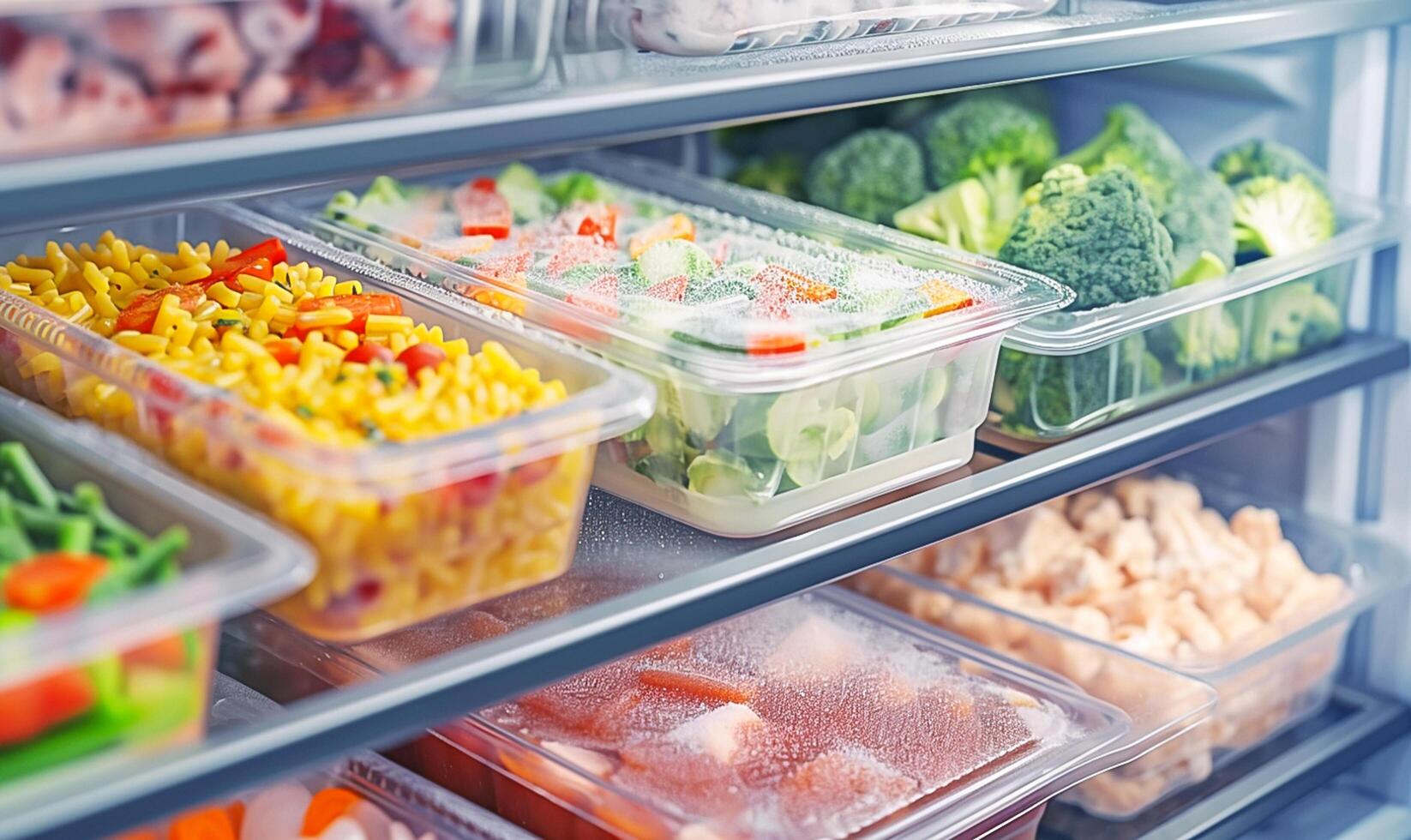 A refrigerator filled with food in plastic containers photo