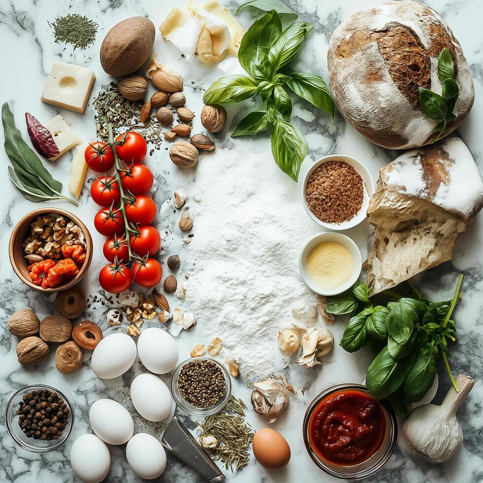 Ingredients for a pizza on a marble countertop photo