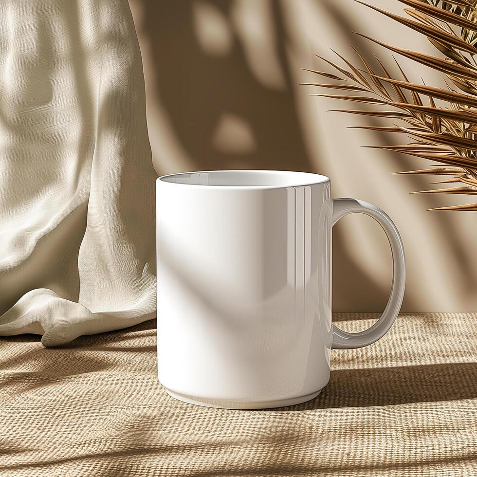 A white mug on a table next to a plant photo