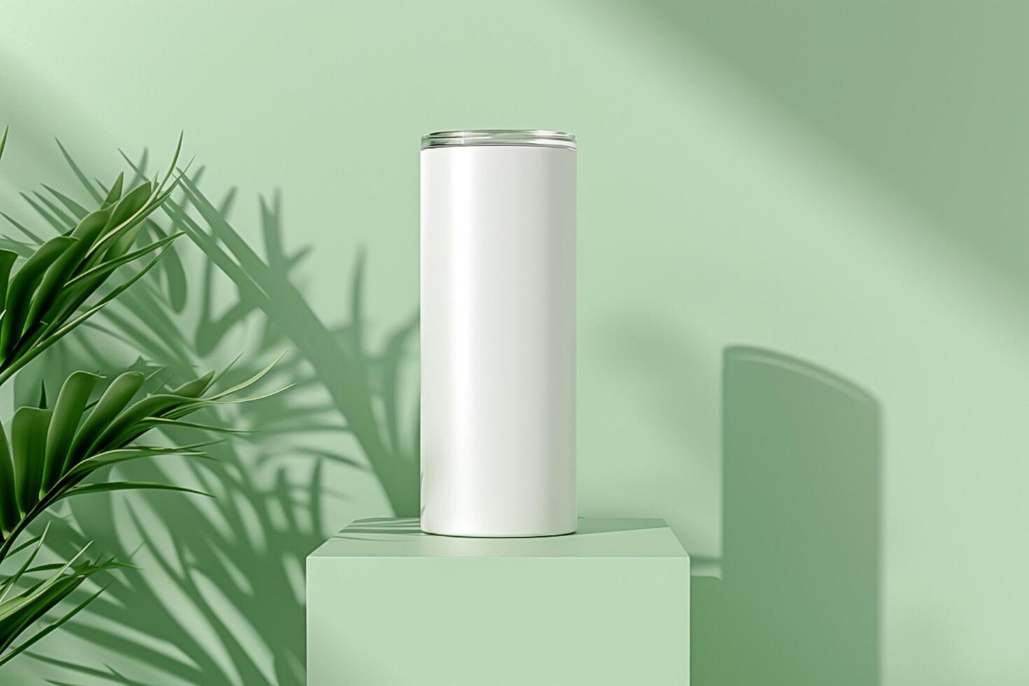 A white tumbler on a green background photo