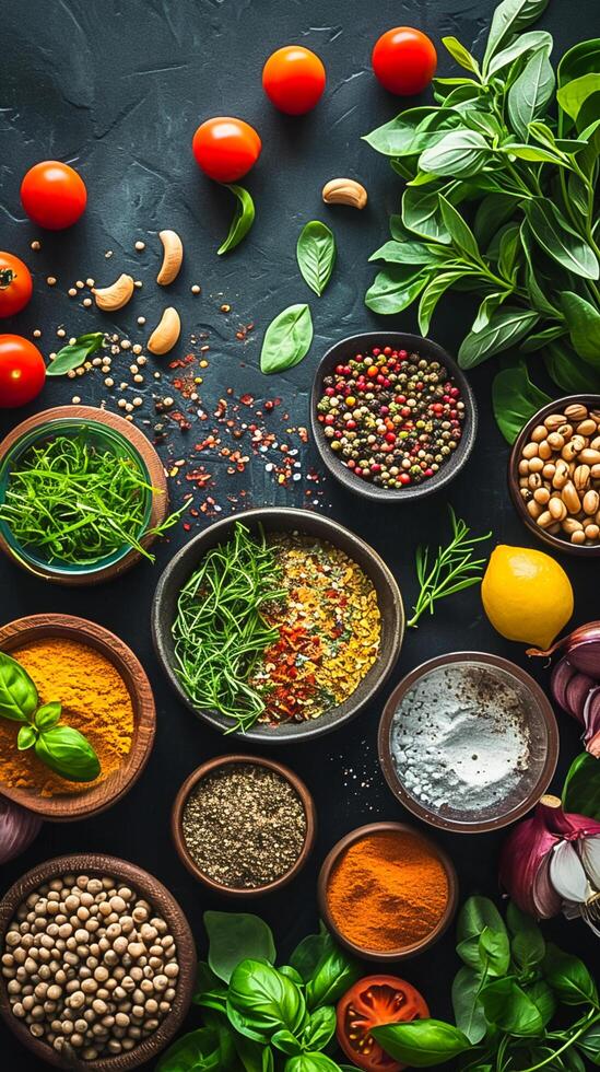 Various spices and herbs are arranged in bowls photo