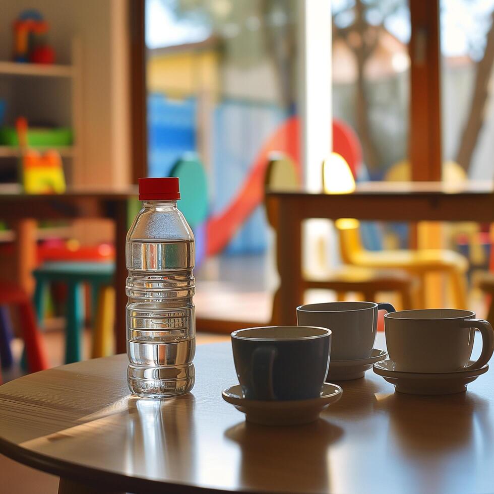 A table with two cups and a bottle of water photo