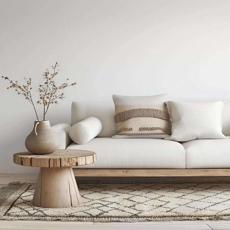 A white couch with pillows and a vase on the floor photo