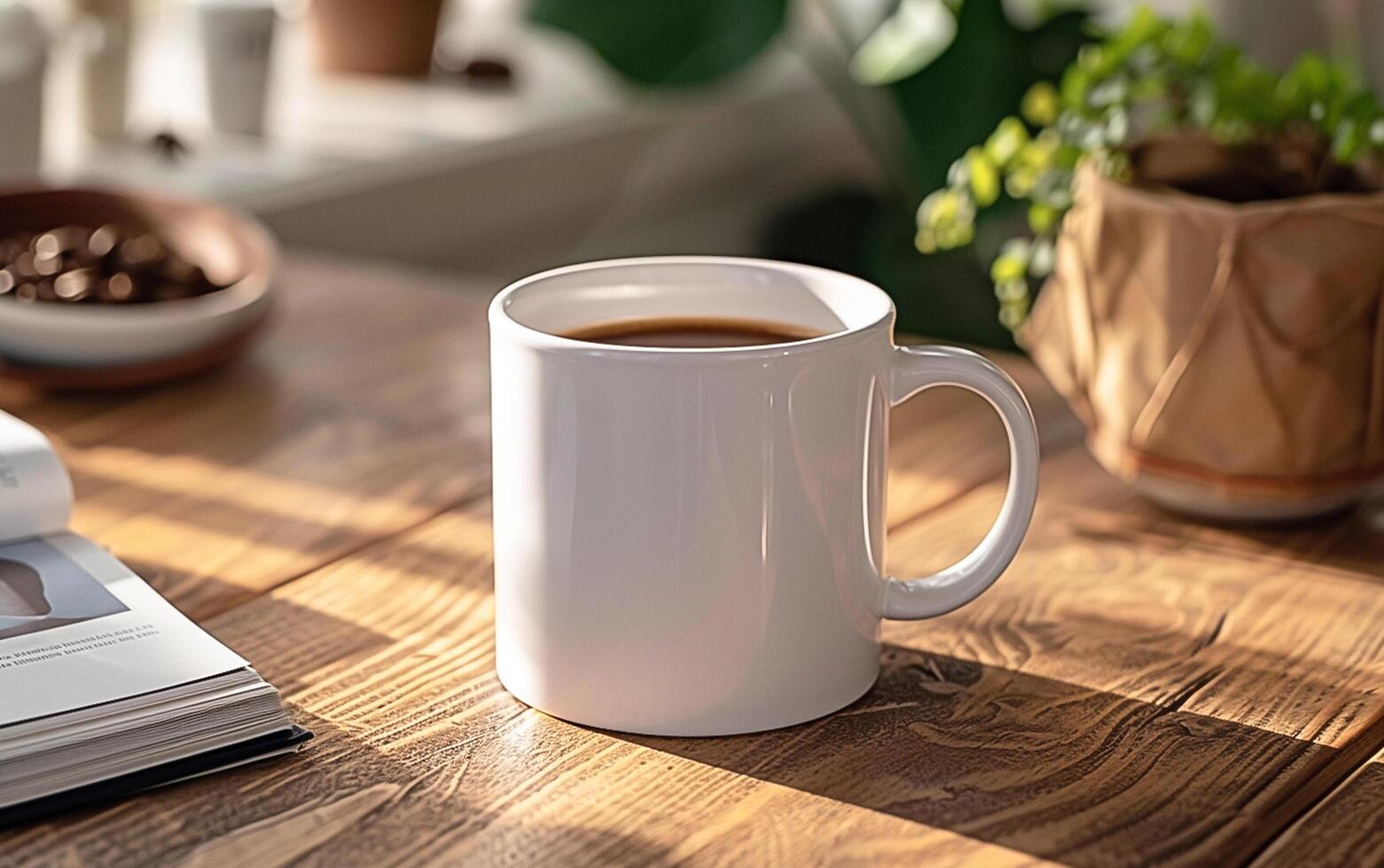 A coffee mug on a table with a book and a plant photo