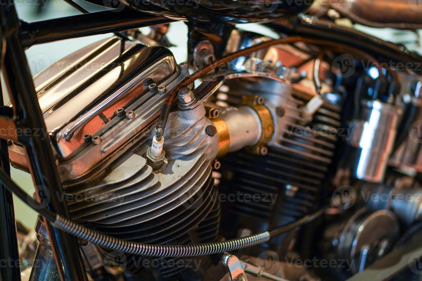 Closeup and crop perspective view twins engine of old engine classic of 1970's Chopper and cruise motorbike photo