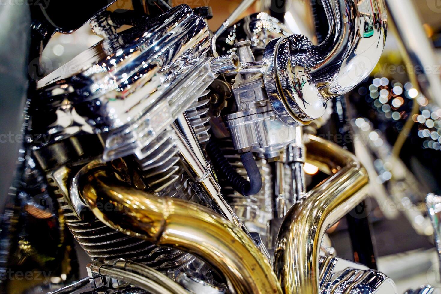 Closeup and perspective view engine of Chopper and cruise motorbike with chrome colors photo