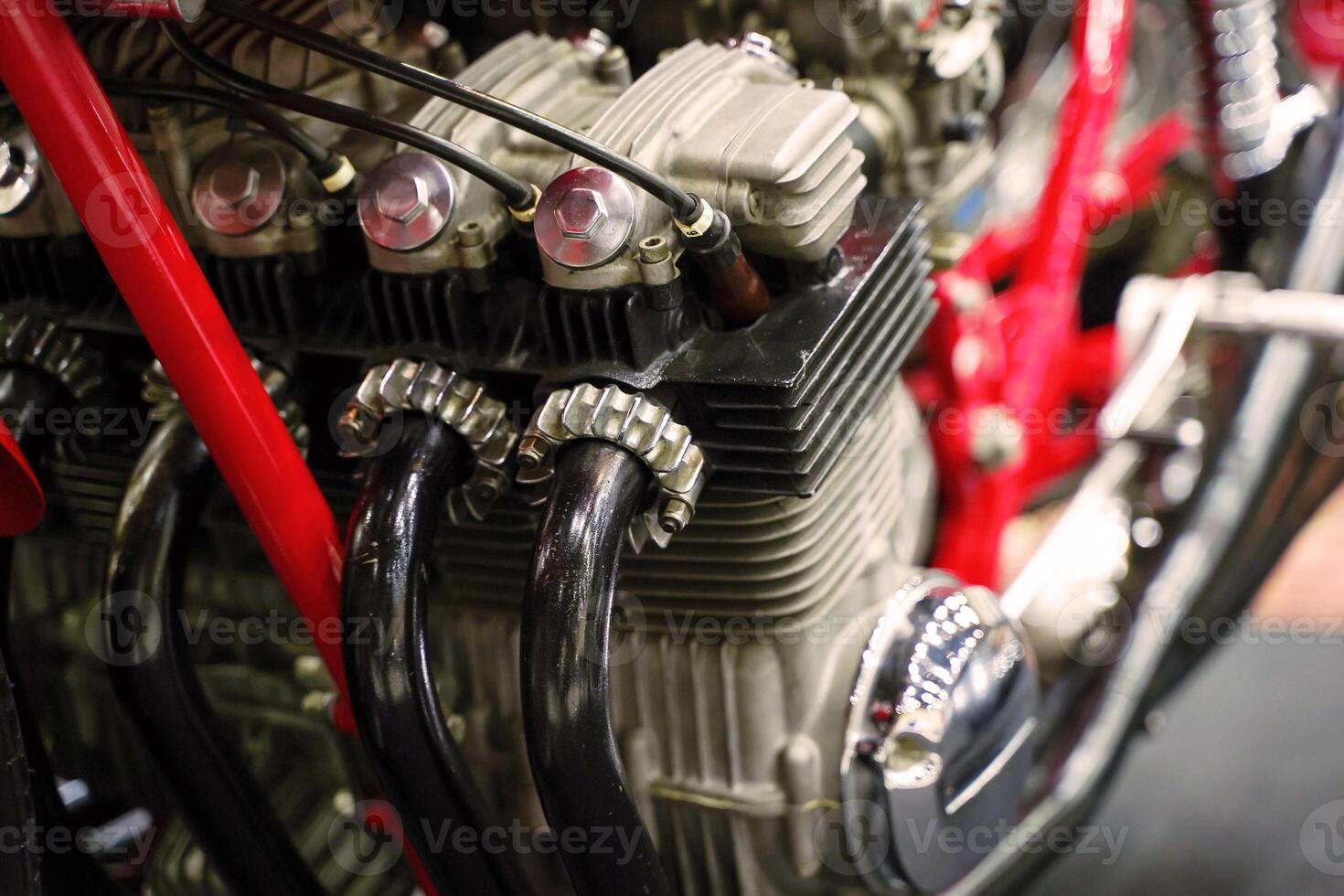 Closeup and perspective view of old engine of 1970's Chopper motorbike photo