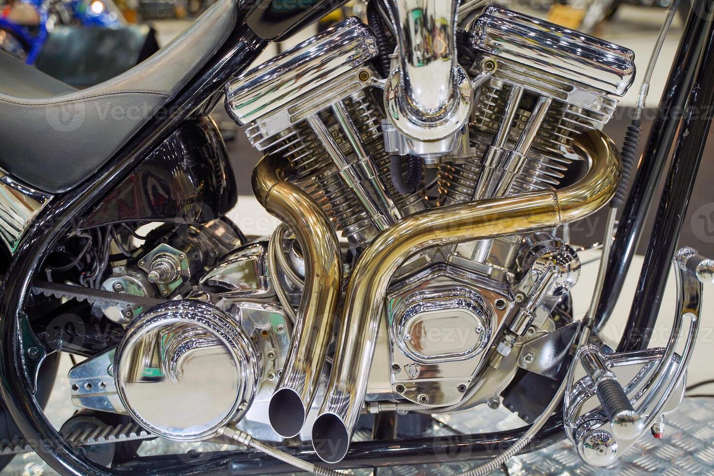 Closeup and crop engine of Chopper and cruise motorbike with chrome colors photo