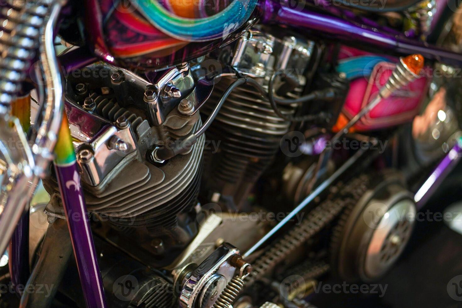 Closeup and crop perspective view twins engine of old engine classic of 1970's Chopper and cruise motorbike in a custom design. photo