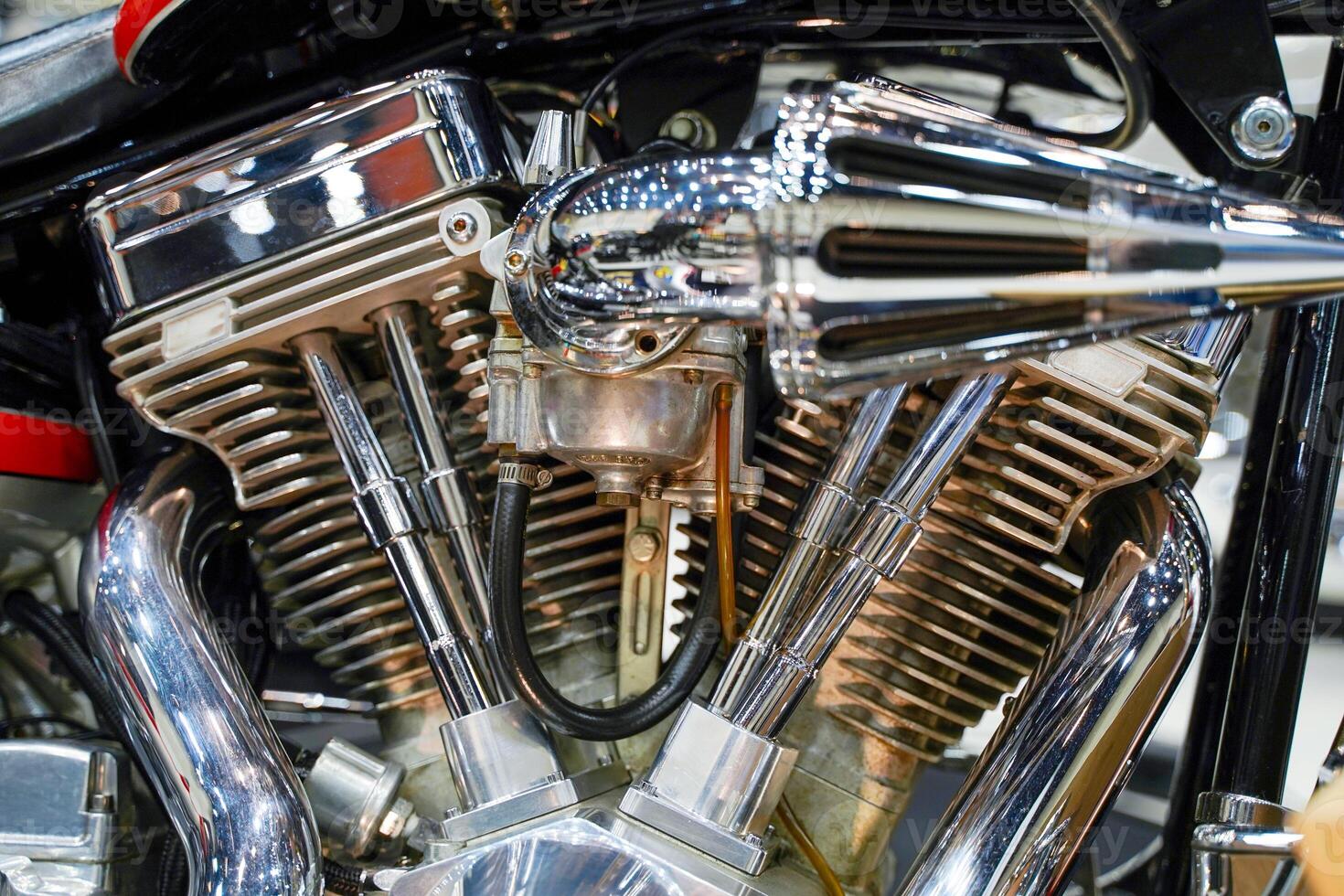 Closeup and crop engine of Chopper motorbike and air intake in arrow design with chrome colors photo