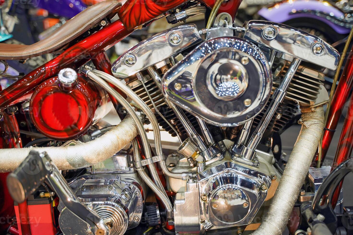 Closeup and crop Chopper motorbike's engine with chrome colors in a custom design. photo