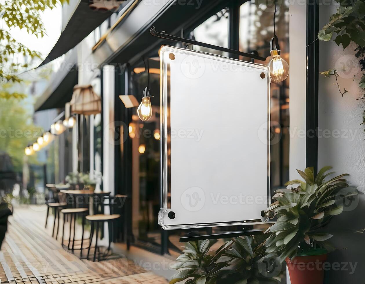 Closeup and perspective view of acrylic-white blank square store signage design hang on building photo