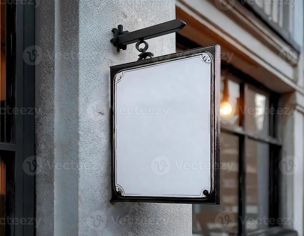 Closeup and perspective view of white blank square store for customer design hang on store building photo