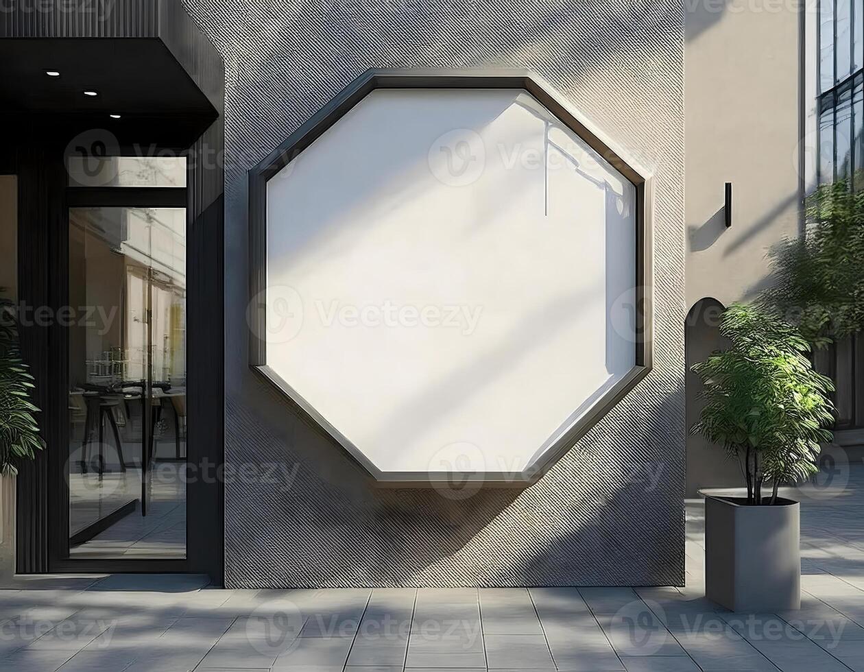 front view of giant Blank hexagon store, company signage for customer design in a city photo