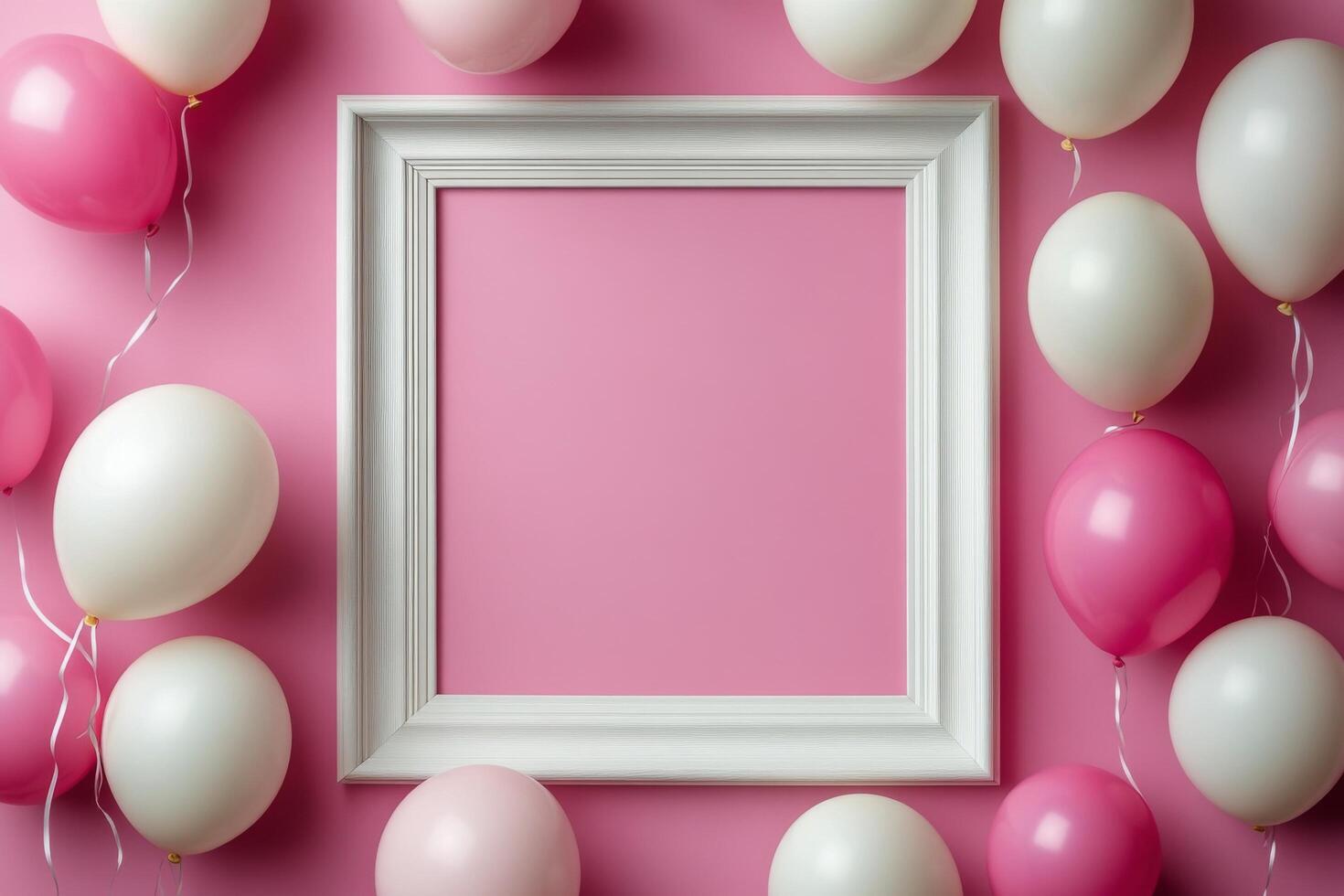Colorful pink and white balloons and an empty frame arranged on a wall for a festive celebration inviting photo