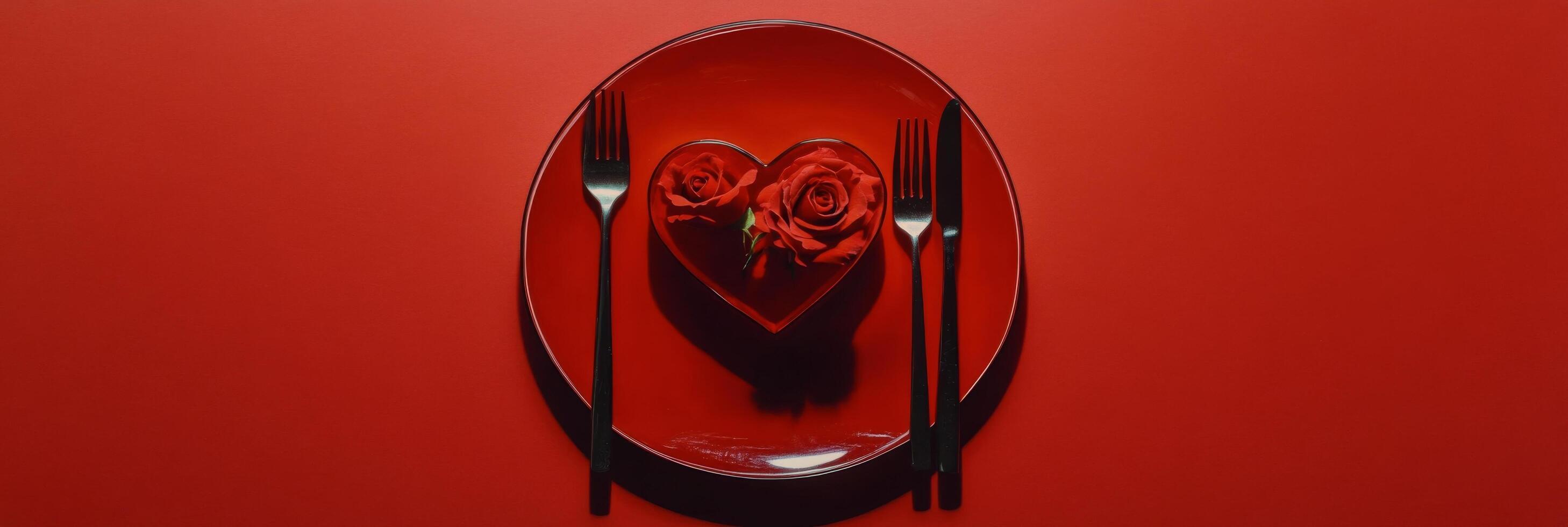 Romantic dinner setting with red heart shaped dessert and rose on a plate in warm lighting photo