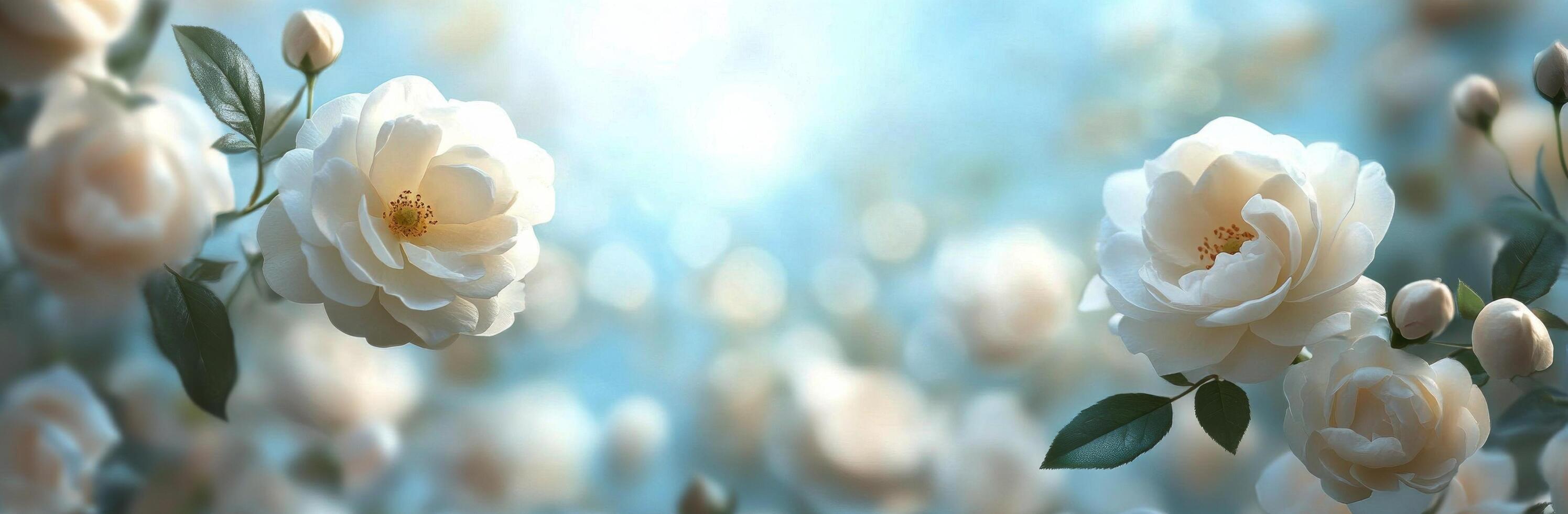 White roses bloom vibrantly in a serene garden, illuminated by soft sunlight filtering through branches during a photo