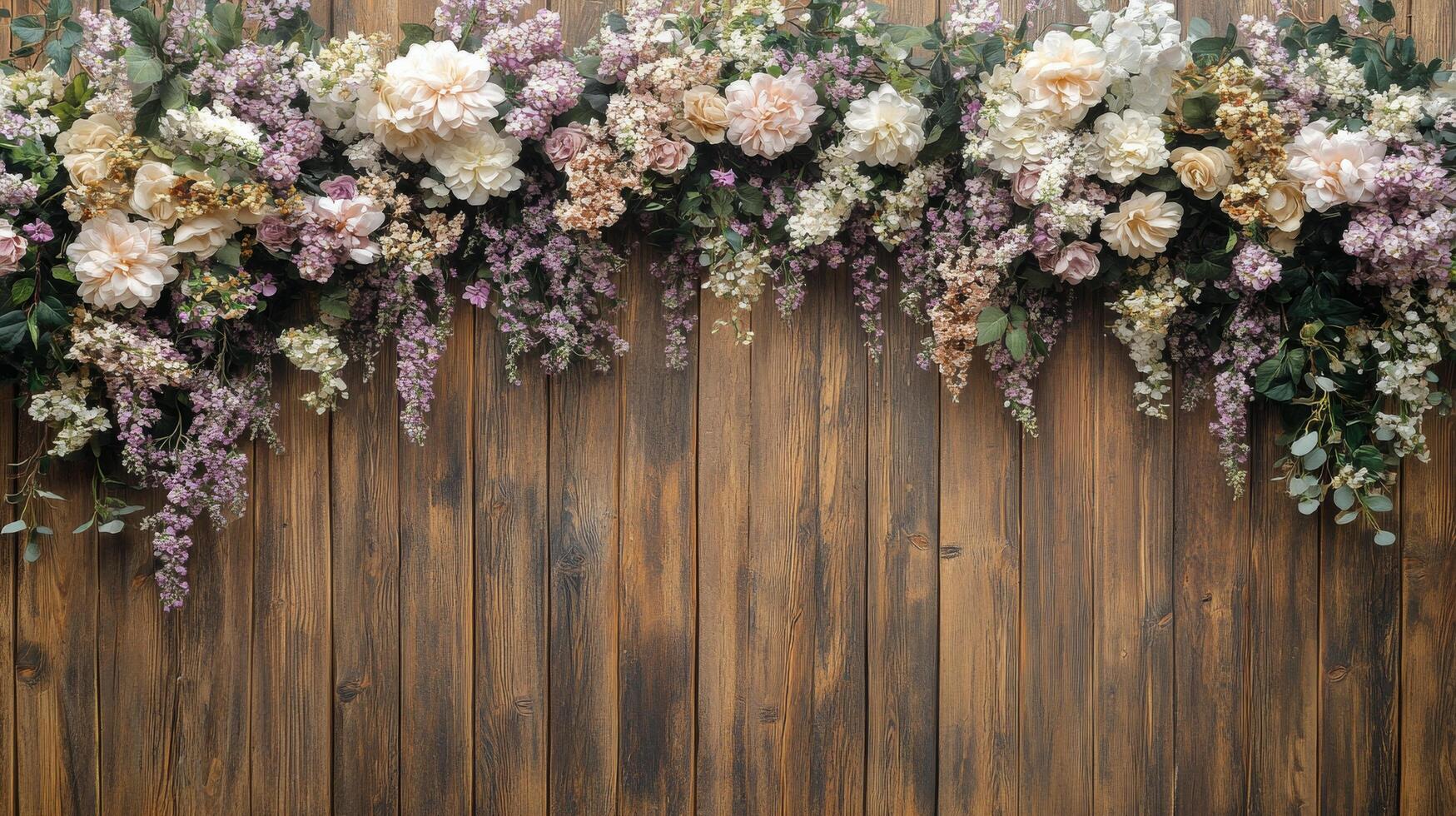 Colorful floral arrangement on wooden wall, showcasing a variety of flowers in soft hues, ideal for decoration photo