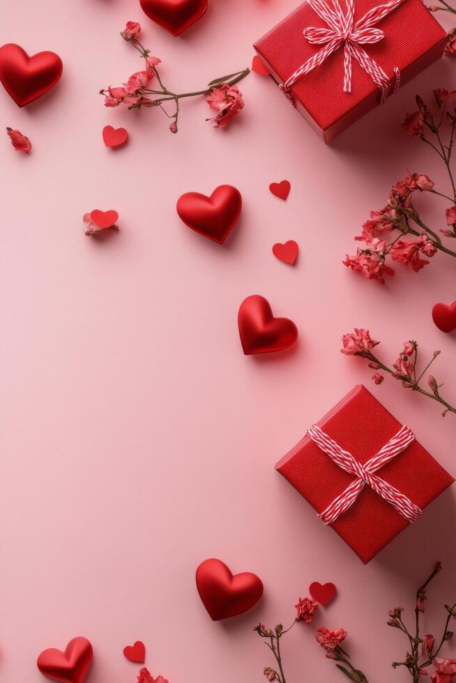 Gift box wrapped in red ribbon surrounded by red hearts and rose petals on a pink background creating a festive photo