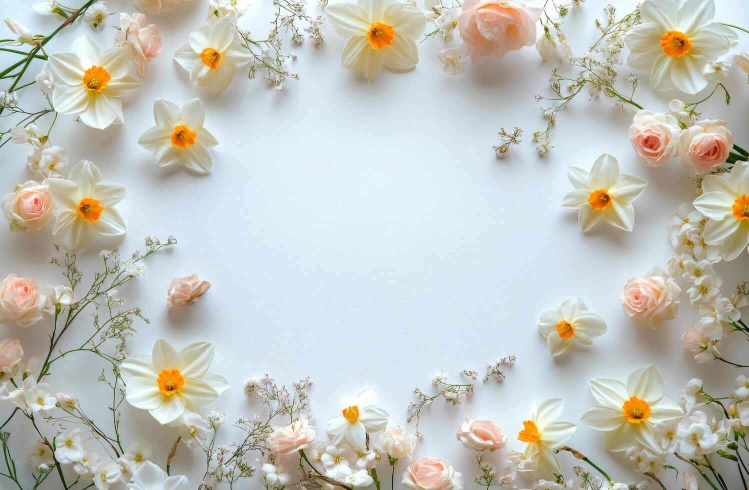 Fresh spring flowers arranged in a circular pattern on a white background perfect for invitations or decorations photo