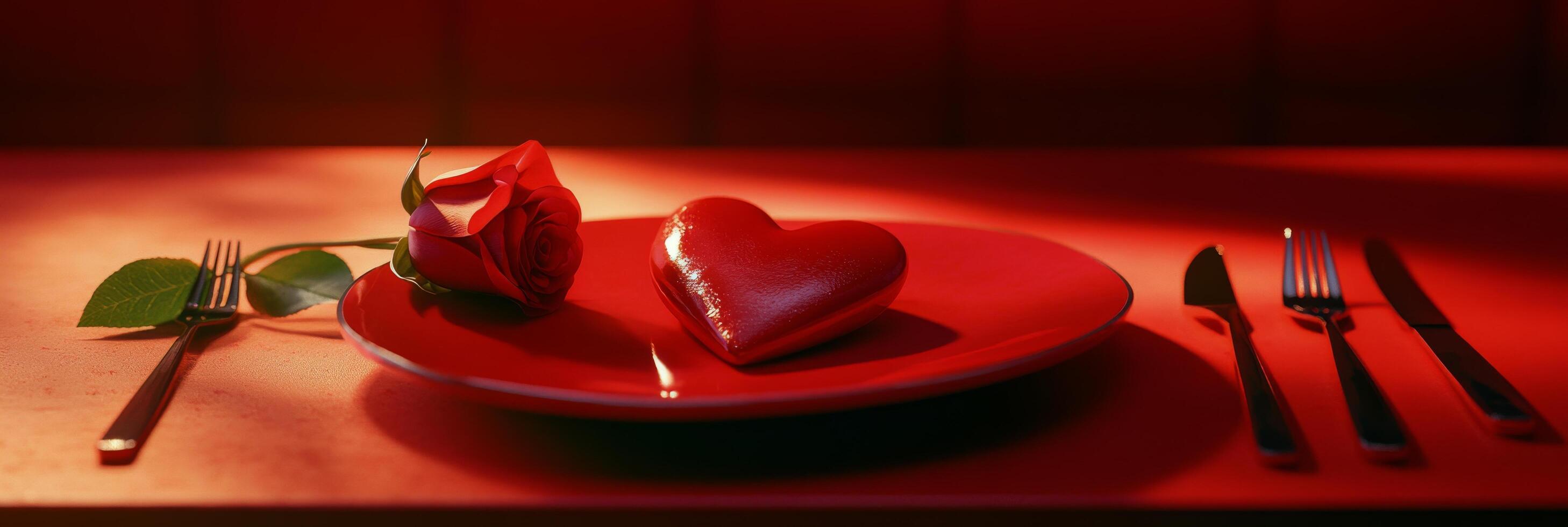 Romantic dinner setting with red heart shaped dessert and rose on a plate in warm lighting photo