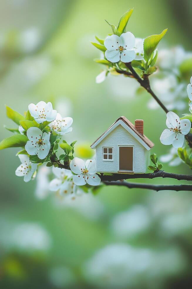 Small house model placed on a branch surrounded by white blossoms in a blurred garden setting during springtime photo