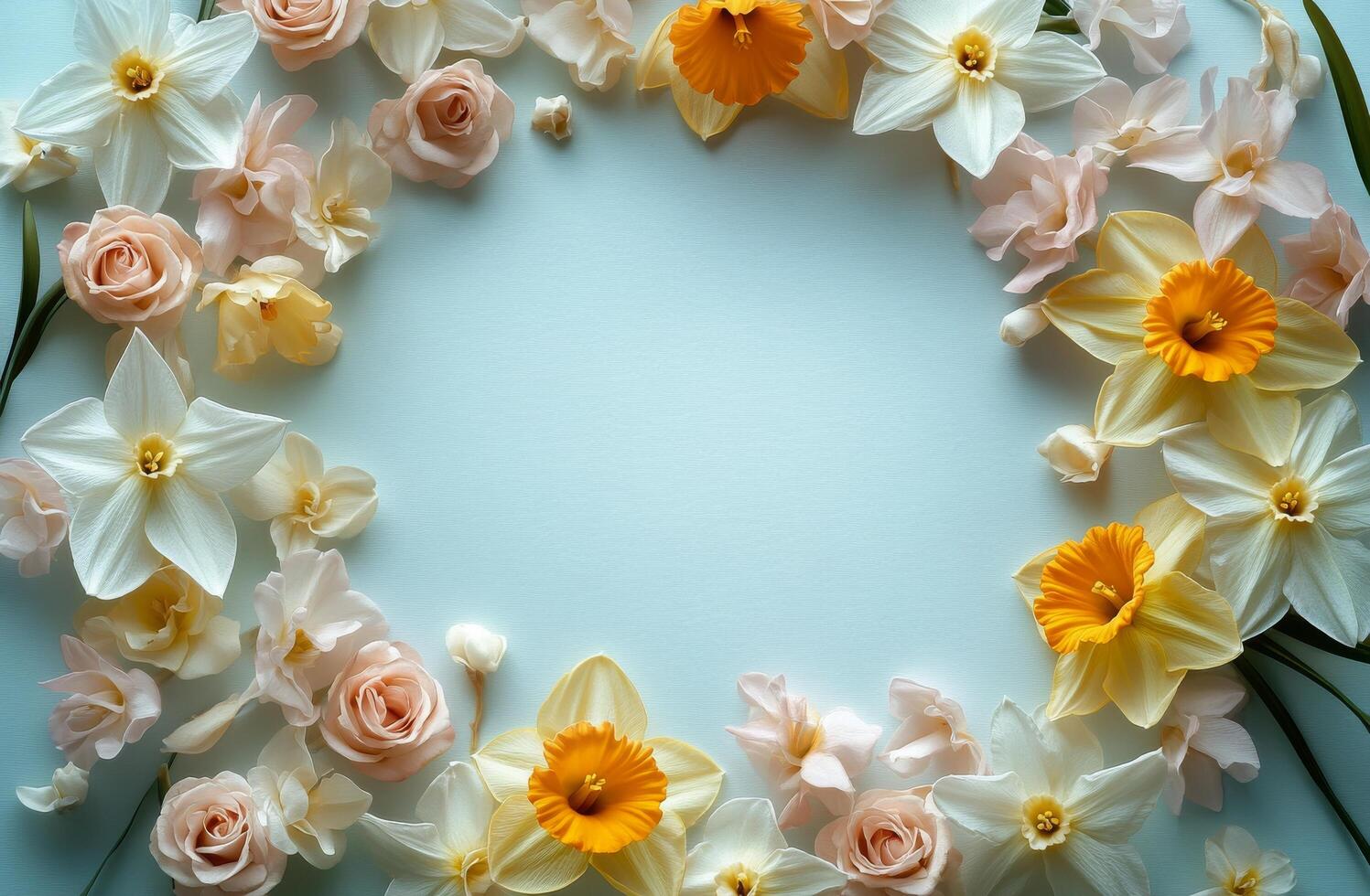 Fresh spring flowers arranged in a circular pattern on a white background perfect for invitations or decorations photo