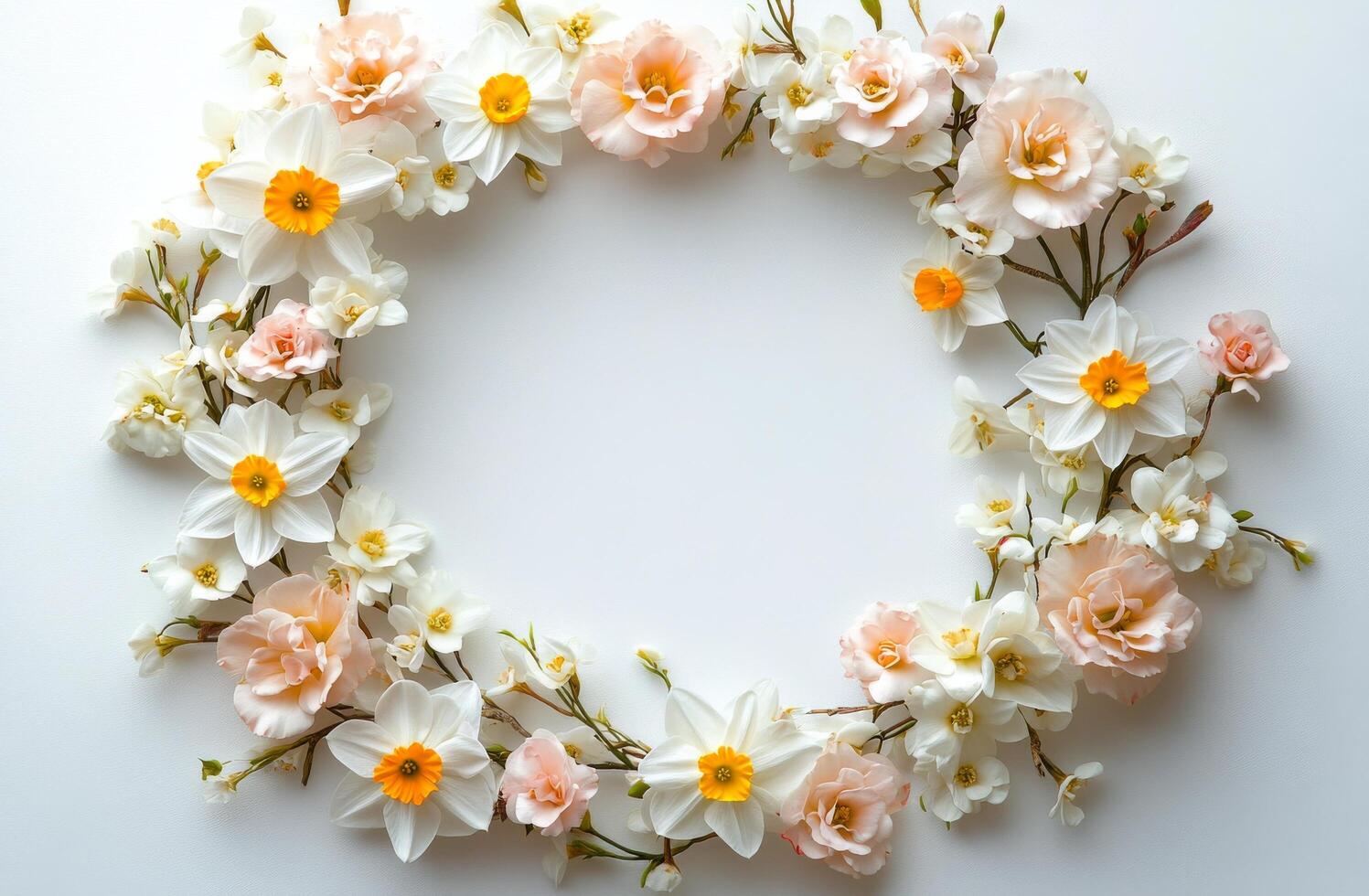 Fresh spring flowers arranged in a circular pattern on a white background perfect for invitations or decorations photo
